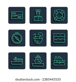 Fija la línea de muelle Beach, crucero, Lifebuoy, cóctel Coconut, brújula, viaje con tarjeta postal e icono de Wave. Vector