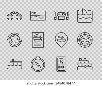 Set line Beach pier dock, Cruise ship, Poker table, Compass, Binoculars, ticket and Ship porthole with seascape icon. Vector