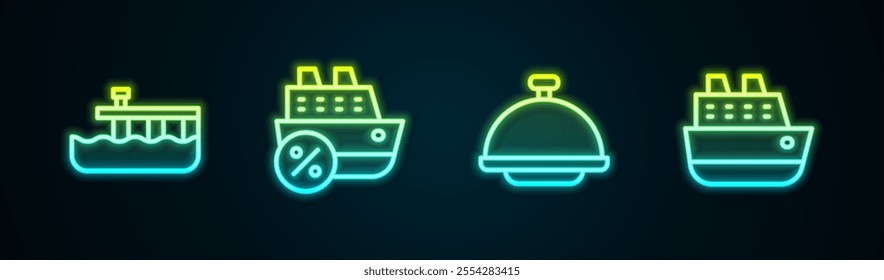 Set line Beach pier dock, Cruise ship, Covered with tray and . Glowing neon icon. Vector