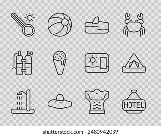 Set line Beach shower, Signboard with text Hotel, Shark fin in ocean wave, Elegant women hat, Meteorology thermometer, Ice cream waffle cone, Bodybuilder muscle and Tourist tent icon. Vector