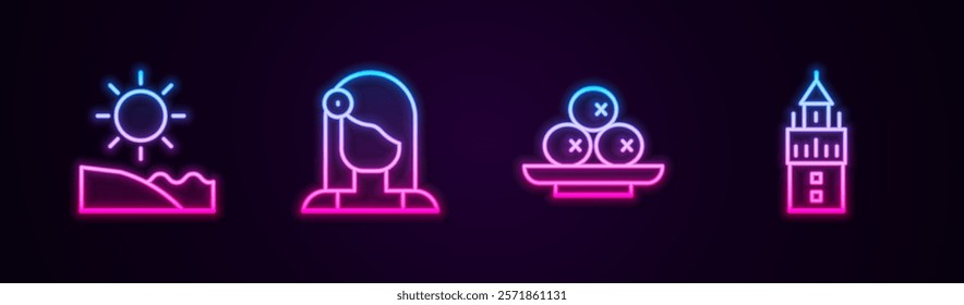 Set line Beach, Spanish woman, Olives on plate and Giralda. Glowing neon icon. Vector