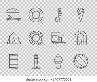 Set line Beach towel, ball, Meteorology thermometer, Lighthouse, Sunbed and umbrella, Rubber swimming ring, Ice cream waffle cone and Rafting boat icon. Vector