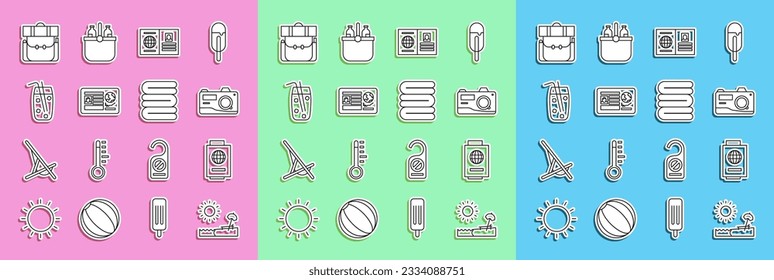 Set line Beach with umbrella and chair, Passport ticket, Photo camera, visa stamp, Cocktail alcohol drink, Hiking backpack and Towel stack icon. Vector