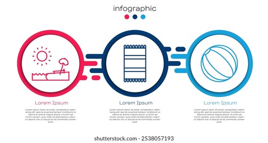 Set línea de playa con sombrilla y silla, toalla de playa y pelota de playa. Plantilla de infografía de negocios. Vector