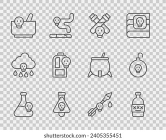 Set line Beaker with toxic liquid, Poisoned alcohol, Bottle potion, Mortar and pestle, the arrow and Nuclear bomb icon. Vector