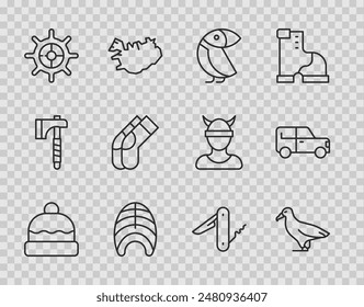 Set line Beanie hat, Albatross, Fish steak, Ship steering wheel, Socks, Swiss army knife and Car icon. Vector