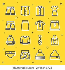 Set line Beanie hat, Handbag, Skirt, Shirt, Short or pants,  and  icon. Vector