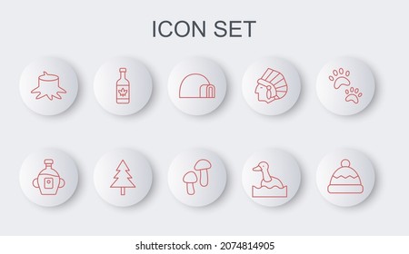 Set line Beanie hat, Maple syrup, Igloo ice house, Flying duck, Tree stump, Beer bottle, Christmas tree and Mushroom icon. Vector