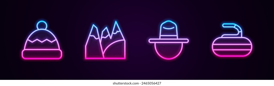 Set line Beanie hat, Mountains, Canadian ranger and Stone for curling. Glowing neon icon. Vector