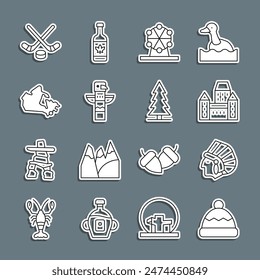 Set line Beanie hat, Native American Indian, Chateau Frontenac hotel, Ferris wheel, Canadian totem pole, Canada map, Ice hockey sticks and puck and spruce icon. Vector