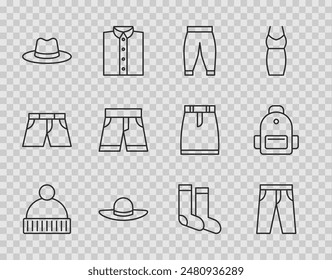 Set line Beanie hat, Pants, Elegant women, Man, Short or pants, Socks and School backpack icon. Vector