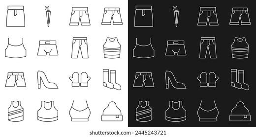 Set line Beanie hat, Socks, Undershirt, Short or pants, Men underpants, Female crop top, Skirt and Pants icon. Vector