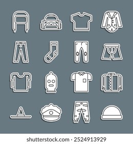 Sombrero del gorro de la línea del sistema, camiseta, calzoncillos de los hombres, calcetines, pantalones, invierno con las aletas del oído y el icono. Vector