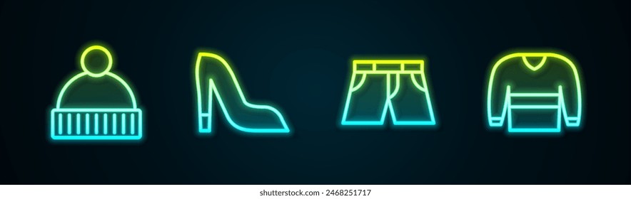 Set line Beanie hat, Woman shoe, Short or pants and Sweater. Glowing neon icon. Vector