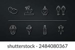 Set line Beans, Mexican wrestler, Maracas, Tabasco sauce, Corn, Cactus, Lizard and Burning candle on skull icon. Vector