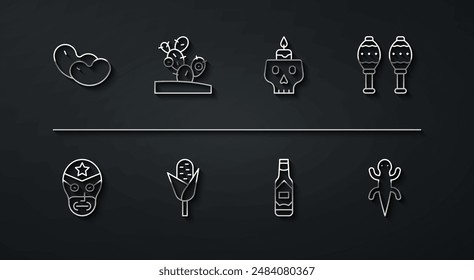 Set line Beans, Mexican wrestler, Maracas, Tabasco sauce, Corn, Cactus, Lizard and Burning candle on skull icon. Vector