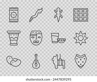 Set line Beans, Poncho, Lizard, Mexican guitar, carpet, Aztec mask, Pinata and Sun icon. Vector