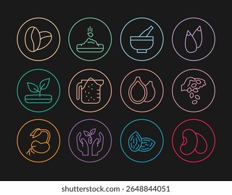 Set line Beans, Seed, Mortar and pestle, Measuring cup, Sprout, Coffee beans, Pumpkin seeds and  icon. Vector