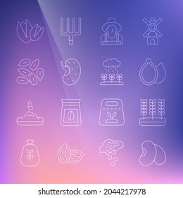 Die Linie Bohnen, Weizen, Kürbiskerne, Farmer der Hut, Saatgut, Pistachio-Nüsse und Pflanzensprossen wachsen Regensymbol. Vektorgrafik
