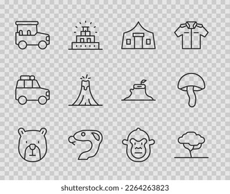 Set line Bear head, African tree, Tourist tent, Snake, Safari car, Volcano eruption, Monkey and Mushroom icon. Vector