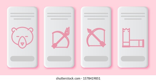 Set line Bear head, Bow and fire arrow, Bow and arrow in quiver and Cartridges. White rectangle button. Vector