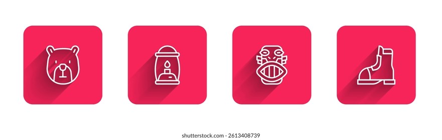 Set line Bear head, Camping lantern, Mexican mayan or aztec mask and Hunter boots with long shadow. Red square button. Vector