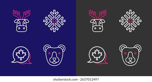 Set line Bear head, Canadian maple leaf, Snowflake and Deer with antlers icon. Vector