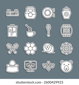 Set line Bear head, Flower, Wooden barrel with honey, Hanging sign honeycomb, Honey dipper stick, Honeycomb,  and  icon. Vector