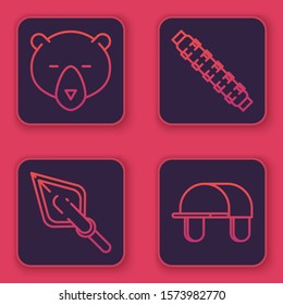 Set line Bear head, Hipster arrow tip, Hunting cartridge belt with cartridges and Hunter hat. Blue square button. Vector