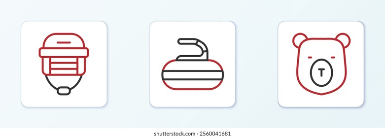 Set line Bear head, Hockey helmet and Stone for curling icon. Vector