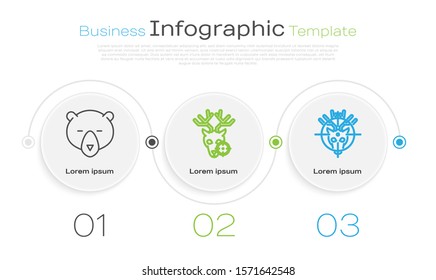Set line Bear head, Hunt on deer with crosshairs and Hunt on deer with crosshairs. Business infographic template. Vector