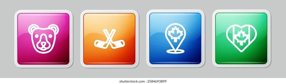 Set line Bear head, Ice hockey sticks, Canadian maple leaf and Heart shaped Canada flag. Colorful square button. Vector