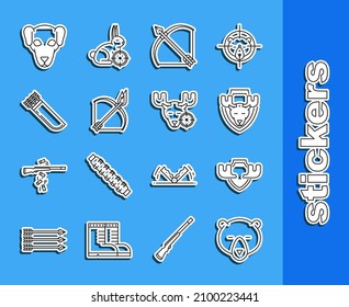 Set line Bear head, Moose horns on shield, Bow and arrow in quiver, fire, Quiver with arrows, Hunting dog and moose crosshairs icon. Vector