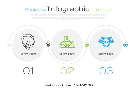Set line Bear head on shield, Trap hunting and Deer antlers on shield. Business infographic template. Vector