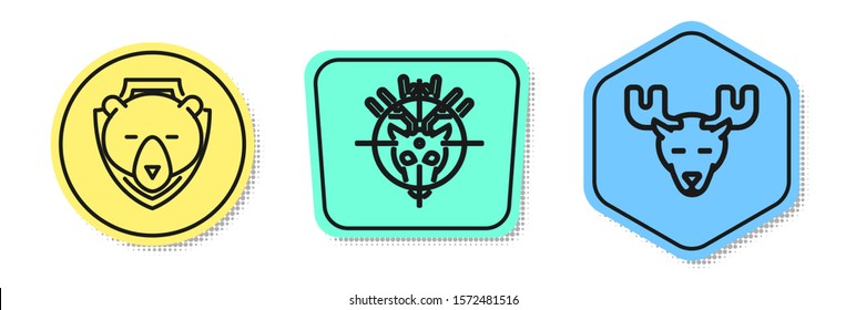 Set line Bear head on shield, Hunt on deer with crosshairs and Moose head with horns. Colored shapes. Vector