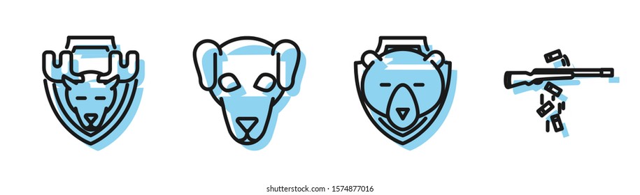 Set line Bear head on shield, Moose head on shield, Hunting dog and Gun shooting icon. Vector