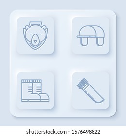 Set line Bear head on shield, Hunter hat, Hunter boots and Quiver with arrows. White square button. Vector