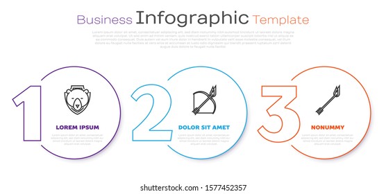 Set line Bear head on shield, Bow and fire arrow and Flame arrow. Business infographic template. Vector