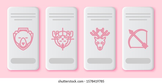 Set line Bear head on shield, Hunt on moose with crosshairs, Deer head with antlers and Bow and arrow in quiver. White rectangle button. Vector
