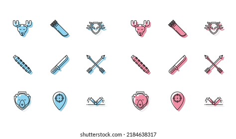 Set line Bear head on shield, Hunt place, Moose with horns, Trap hunting, Hunter knife, Crossed arrows, Hunting cartridge belt cartridges and Quiver icon. Vector