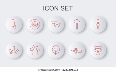 Set line Bear head on shield, Cartridges, Whistle, Sniper optical sight, Shotgun, Target sport, Paw print and Tree icon. Vector