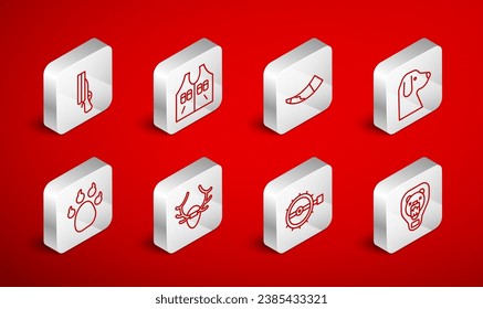 Die Linie Bärenkopf auf Schild, Jagdjacke, Horn, Hund, Fallen Jagd, Shotgun, Hirschantler und Pfotensymbol. Vektorgrafik