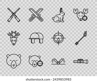 Cabeza de oso, vista óptica de francotirador, conejo, caza en oso con cruz, dos escopetas cruzadas, sombrero de cazador, caza de trampas e icono de flecha de llama. Vector