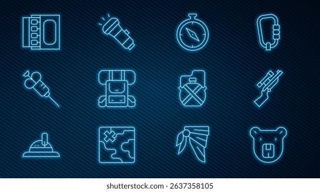 Set line Bear head, Sniper rifle with scope, Compass, Hiking backpack, Syringe, Matchbox and matches, Canteen water bottle and Flashlight icon. Vector