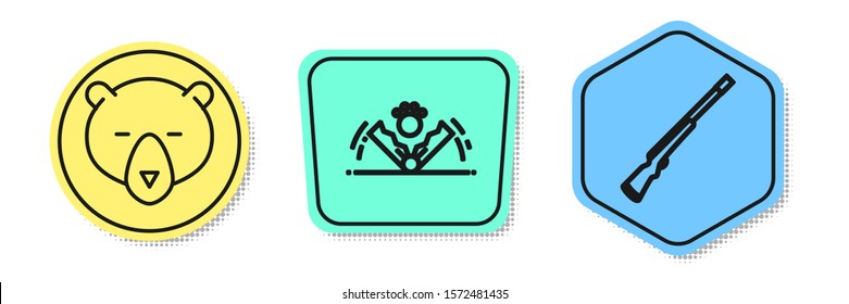 Set line Bear head, Trap hunting and Hunting gun. Colored shapes. Vector