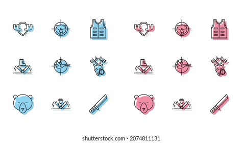 Set line Bear head, Trap hunting, Moose horns on shield, Hunter knife, duck with crosshairs, deer,  and bear icon. Vector