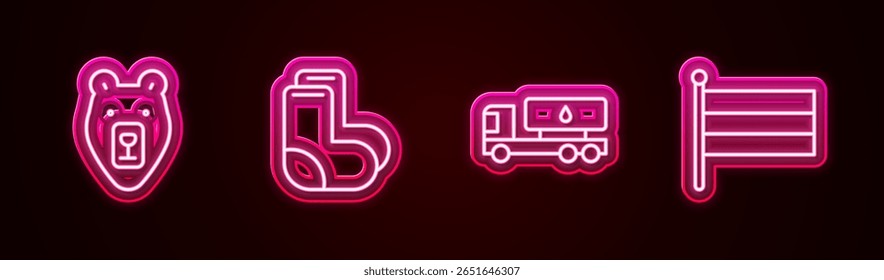 Set line Bear head, Valenki, Tanker truck and National Russia flag. Glowing neon icon. Vector