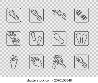 Set line Bear paw footprint, Human footprints shoes, Alligator crocodile, Magnifying glass with footsteps and Rabbit and hare icon. Vector
