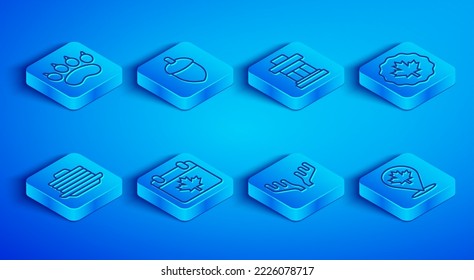 Set Line Bear Paw Footprint, Acorn, Inukshuk, Canada Day With Maple Leaf, Deer Antlers, Canadian, Stack Of Pancakes And  Icon. Vector
