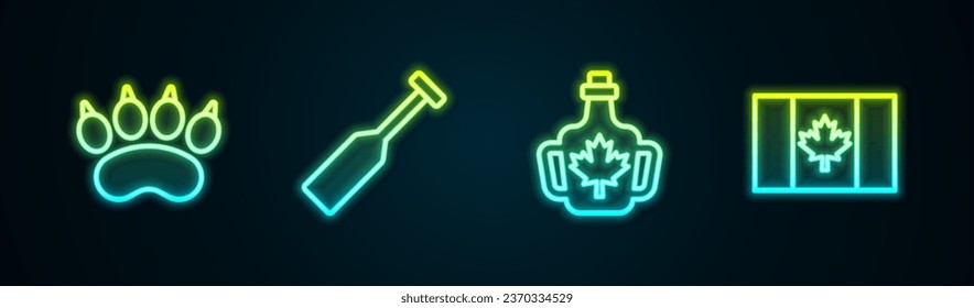 Set line Bear paw footprint, Paddle, Bottle of maple syrup and Flag Canada. Glowing neon icon. Vector